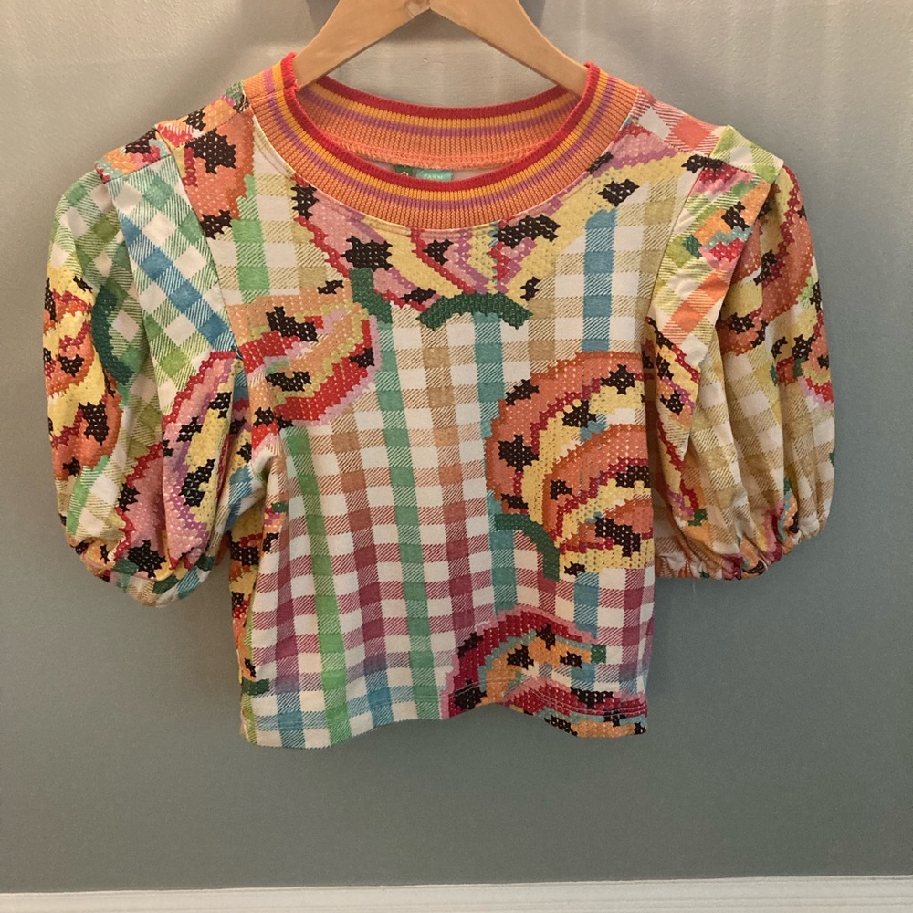 FARM Rio Multicolor Check & Floral Puff-Sleeve Crop Top